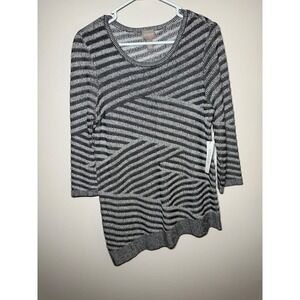 NWT Chicos Women's Sz 1 Black & Grey Striped Asymmetric Hem Sweater